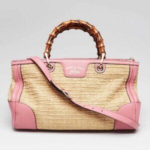 Gucci Natural Woven Straw and Pink Leather Medium Bamboo Shopper Tote Bag